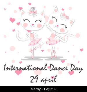 International Dance Day. April 29. Design template or greeting card. A pair of cute white ballerina cats in pink ballet tutu and pointe Stock Vector