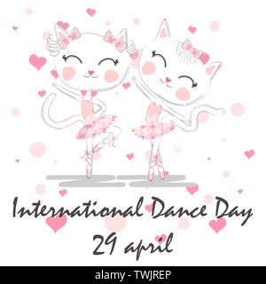 International Dance Day. April 29. Design template or greeting card. A pair of cute white ballerina cats in pink ballet tutu and pointe Stock Vector