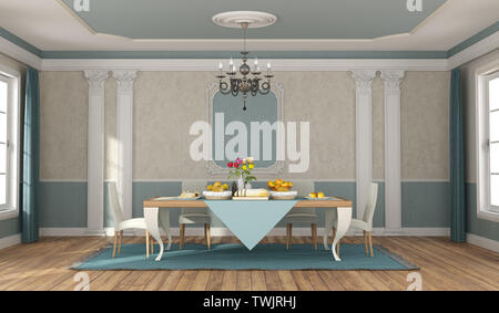 Blue and beige dininig room with elegant table set and chairs in classic style - 3d rendering Stock Photo