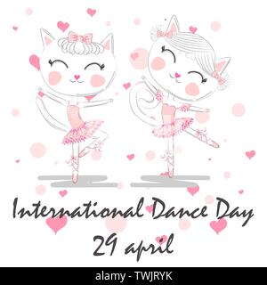 International Dance Day. April 29. Design template or greeting card. A pair of cute white ballerina cats in pink ballet tutu and pointe Stock Vector