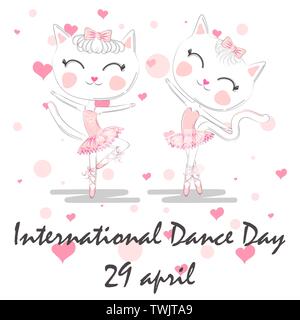 International Dance Day. April 29. Design template or greeting card. A pair of cute white ballerina cats in pink ballet tutu and pointe Stock Vector