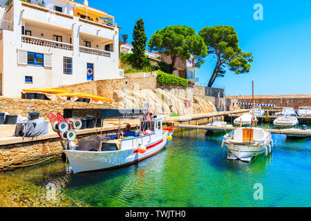 Fishing boats in picturesque port of Fornells village, Costa Brava, Spain Stock Photo