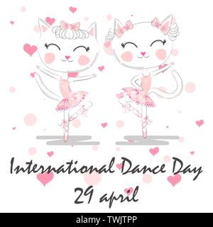 International Dance Day. April 29. Design template or greeting card. A pair of cute white ballerina cats in pink ballet tutu and pointe Stock Vector