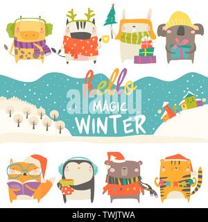 Set of cute animals with winter theme on white background Stock Vector