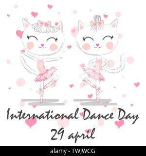 International Dance Day. April 29. Design template or greeting card. A pair of cute white ballerina cats in pink ballet tutu and pointe Stock Vector