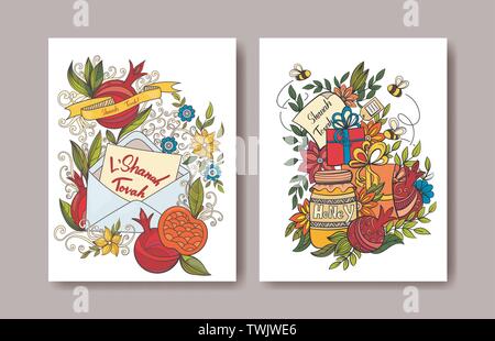 Rosh hashanah - Jewish New Year card templates with apple, pomegranate, holiday gifts and greeting card. Hand drawn vector illustration. Stock Vector
