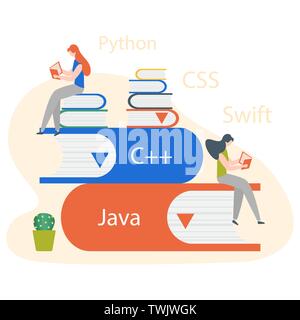Vector illustration with people on stack of books, studying manual, working on computer. Flat style. Background for the programming landing page. Desi Stock Vector