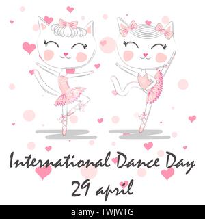 International Dance Day. April 29. Design template or greeting card. A pair of cute white ballerina cats in pink ballet tutu and pointe Stock Vector