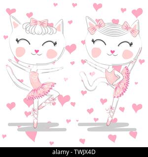 Hand drawn beautiful pair of cute white ballerina cats in pink ballet tutu and pointe Stock Vector