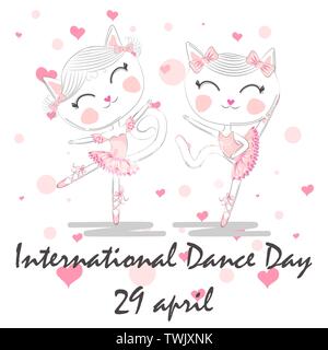 International Dance Day. April 29. Design template or greeting card. A pair of cute white ballerina cats in pink ballet tutu and pointe Stock Vector