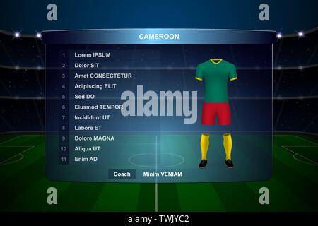 Football scoreboard broadcast graphic template with squad Cameroon soccer team Stock Vector