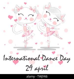 International Dance Day. April 29. Design template or greeting card. A pair of cute white ballerina cats in pink ballet tutu and pointe Stock Vector