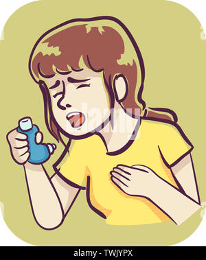 Illustration of a Girl Wheezing, Pressing Against Her Chest and Holding an Inhaler Stock Photo