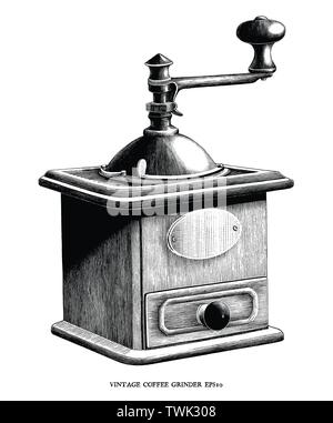 Antique engraving illustration of Coffee grinder black and white clip art isolated on white background Stock Vector