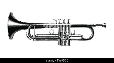 Trumpet hand draw vintage style black and white clip art isolated on white background Stock Vector