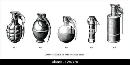 Common variable of hand grenade hand draw vintage style black and white clip art isolated on white background Stock Vector