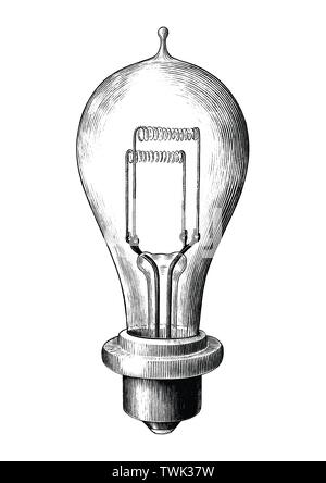 Antique engraving illustration of bulb lamp black and white clip art isolated on white background Stock Vector