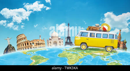 Travel by van to world famous destinations concept. Free space above for text. Stock Photo