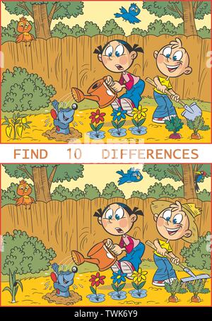 Vector illustration with a puzzle where you need to find ten differences in the pictures with working children in the garden. Stock Vector
