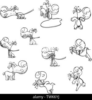 Set of vector illustrations with a funny cartoon puppy with different emotions and in various poses. The illustration of the dog is made in a black ou Stock Vector