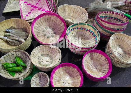 Handmade bamboo baskets for sale on a street shop. Stock Photo