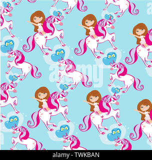seamless pattern with Girl on a unicorn Stock Photo