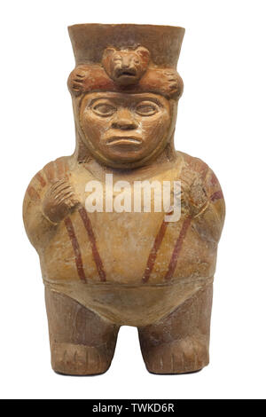 Madrid, Spain - Sept 8th, 2018: Mochica vessel depicting a hunter or huaco. Museum of the Americas, Madrid, Spain Stock Photo