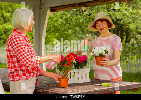 Ladies feeling good. Aged beautiful ladies feeling good while talking and watering plants in pots Stock Photo
