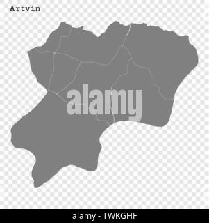 High Quality map of Artvin is a province of Turkey, with borders of the Districts Stock Vector