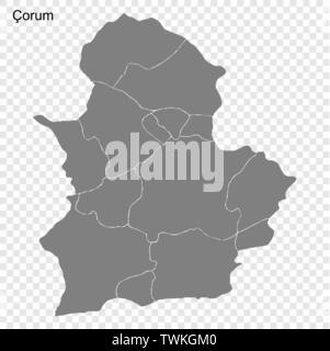 High Quality map of Corum is a province of Turkey with borders of