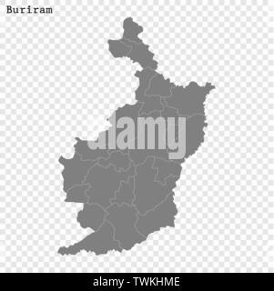 High Quality map of Buriram is a province of Thailand, with borders of the districts Stock Vector