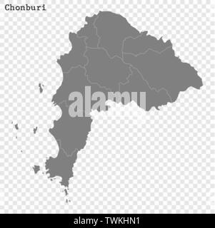 High Quality map of Chonburi is a province of Thailand, with borders of the districts Stock Vector