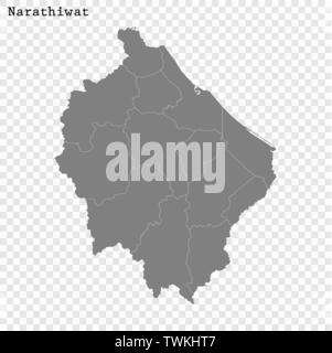 High Quality map of Narathiwat is a province of Thailand, with borders of the districts Stock Vector