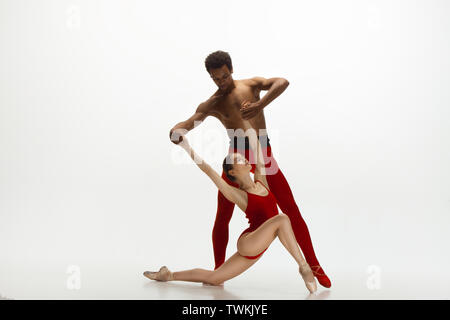 Graceful classic ballet dancers dancing isolated on white studio background. Couple in bright red clothes like a combination of wine and milk. The grace, artist, movement, action and motion concept. Stock Photo