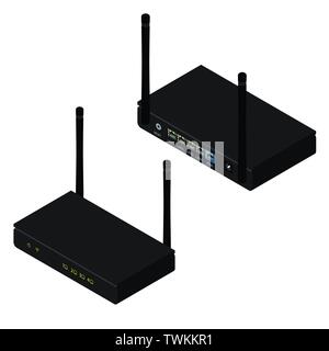 Black realistic wireless router with the antenna front and back isometric view. Wi-Fi router detailed Stock Vector