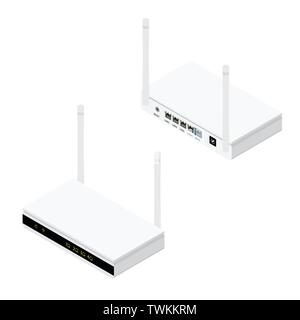 White realistic wireless router with the antenna front and back isometric view. Wi-Fi router detailed Stock Vector