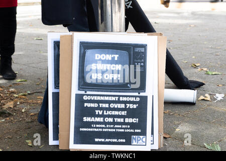 Oxford, Oxfordshire, UK June 21st 2019  Protests took place across the country to protest against both the BBC’s decision to means-test the TV licence for the over 75 year olds, and the Government’s decision to make the BBC pay for the concession. Bridget Catterall Alamy Live News Stock Photo