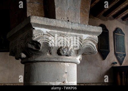 Carved capital in St. Nicholas Church, Bringhurst, Leicestershire, England, UK Stock Photo