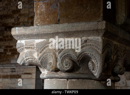 Carved capital in St. Nicholas Church, Bringhurst, Leicestershire, England, UK Stock Photo