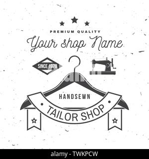 Tailor shop badge. Vector. Concept for shirt, print, stamp label or tee. Vintage typography design with sewing machine, hangers for clothes silhouette. Retro design for sewing shop business Stock Vector