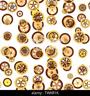 Seamless pattern. Brown and yellow different wheels of various sizes. Grunge background. Creative techno style. Abstract vector illustration. Flat sty Stock Vector