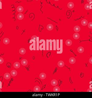 Seamless pattern on a red background. Randomly distributed white circles and black doodles. Vector illustration. Three classic colors. White, red, bla Stock Vector