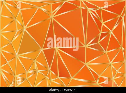 Orange color premium background with luxury polygonal pattern and gold triangle lines. Low poly gradient shapes luxury gold lines vector. Stock Vector