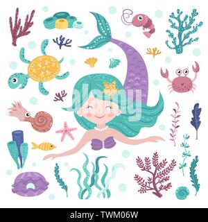 Set of cute mermaid, seaweeds and marine inhabitants Stock Vector