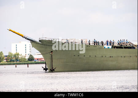 Bremerhaven, Germany. 21st June, 2019. The naval training sailing ship 'Gorch Fock' is undocked from a dock of the Bredo shipyard. The naval training ship 'Gorch Fock' is being launched in Bremerhaven today after more than three years in the dock. Credit: Mohssen Assanimoghaddam/dpa/Alamy Live News Stock Photo