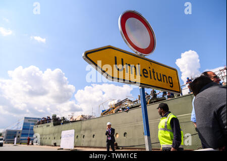 Bremerhaven, Germany. 21st June, 2019. The naval training sailing ship 'Gorch Fock' is located in a dock of the Bredo shipyard. The naval training ship 'Gorch Fock' is being launched in Bremerhaven today after more than three years in the dock. Credit: Mohssen Assanimoghaddam/dpa/Alamy Live News Stock Photo