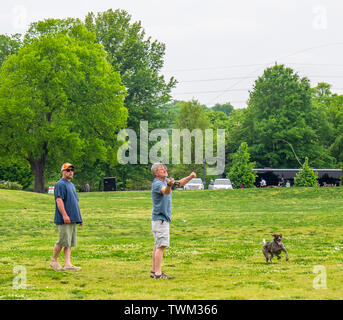 Tow men practicing casting fly fishing rod in Centennial Park Tennessee USA Stock Photo