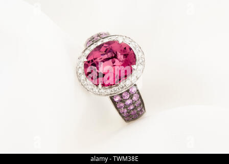 White Gold Ring With Pink Tourmaline And Diamonds Stock Photo