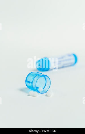 Close-up of a homeopathic tube: homeopathic granules, blue tubes, from Boiron laboratories Stock Photo