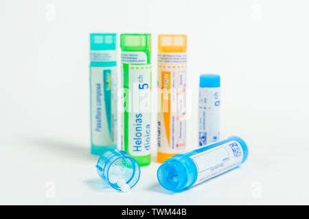 Homeopathic tubes: homeopathic granules, tubes from the Boiron laboratories Stock Photo